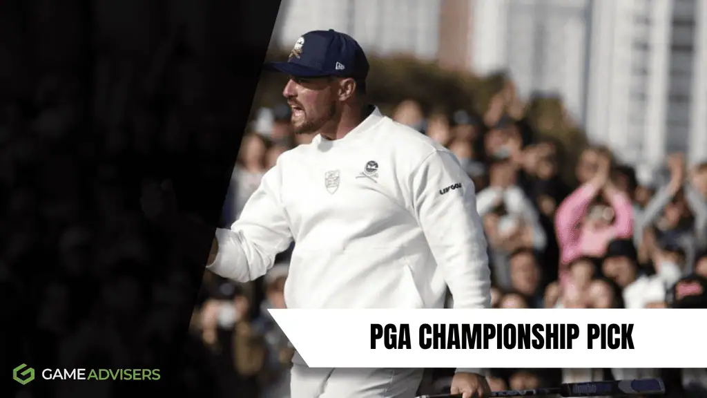 A golfer in a white sweater gestures confidently, surrounded by a cheering crowd at a PGA Championship event.