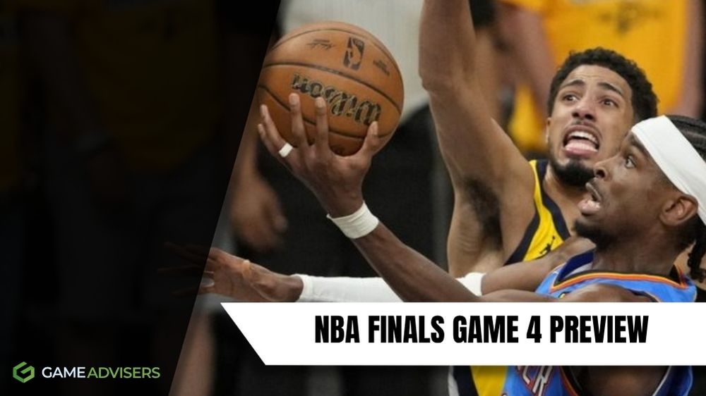 Two players are competing for a basketball during the NBA Finals Game 4, with promotional text highlighting the preview.