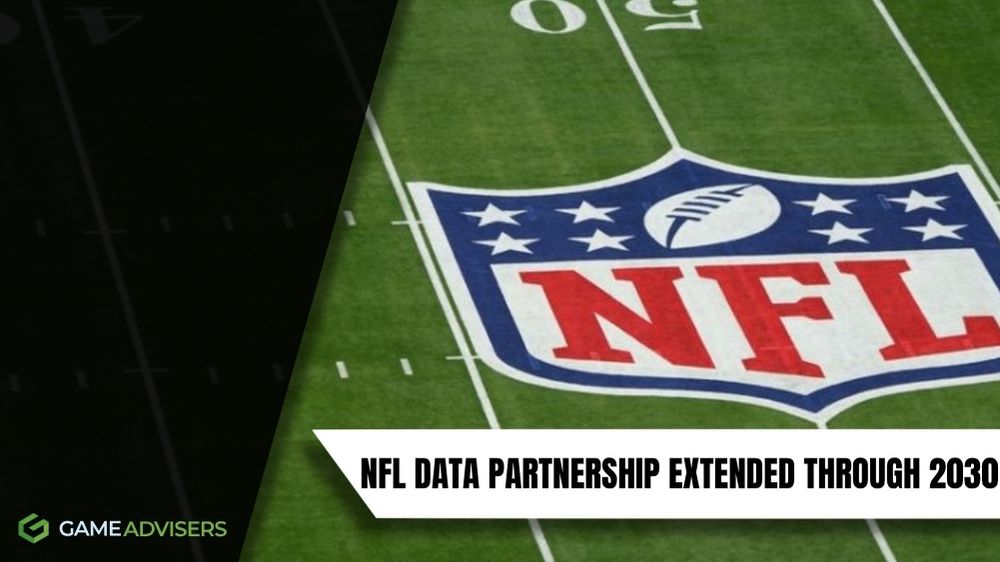 The NFL logo on a football field, with text announcing the extension of a data partnership through 2030.